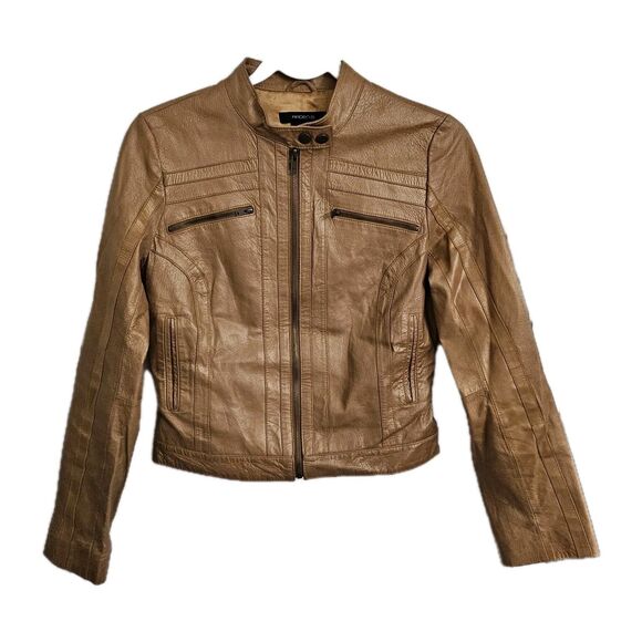 Arden B Moto Jacket Womens Small Metallic Tan Leather Biker Full Zip Y2K Lined - Picture 1 of 10